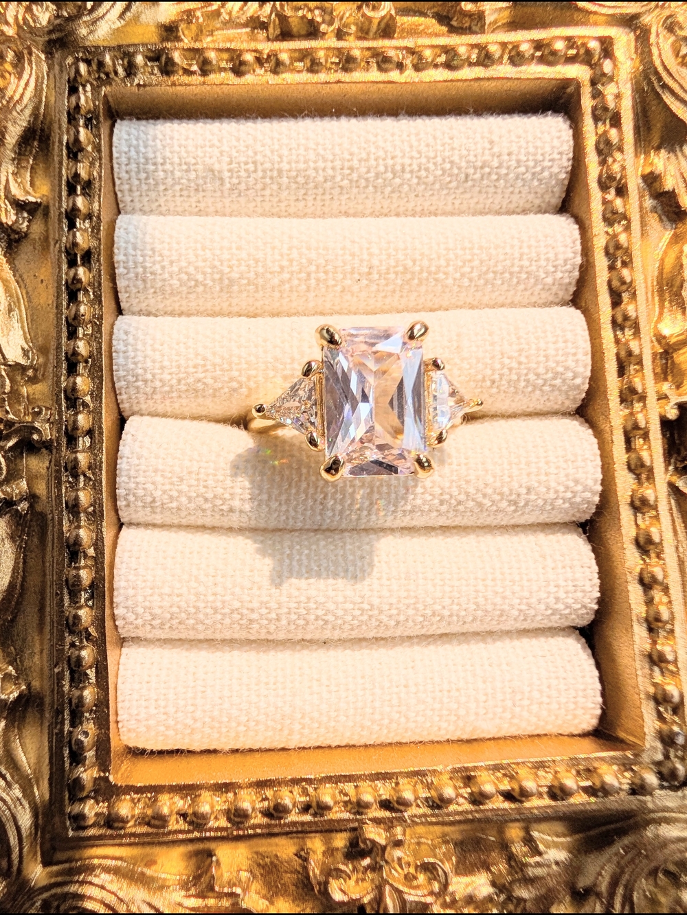 Gold Cubic Zirconia Engagement Ring - Gold Tone Statement - Picture 2 of 9
